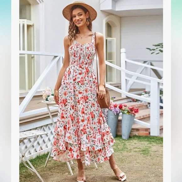 Grace Karin red floral boho maxi flowy sundress size M dress - Picture 8 of 14